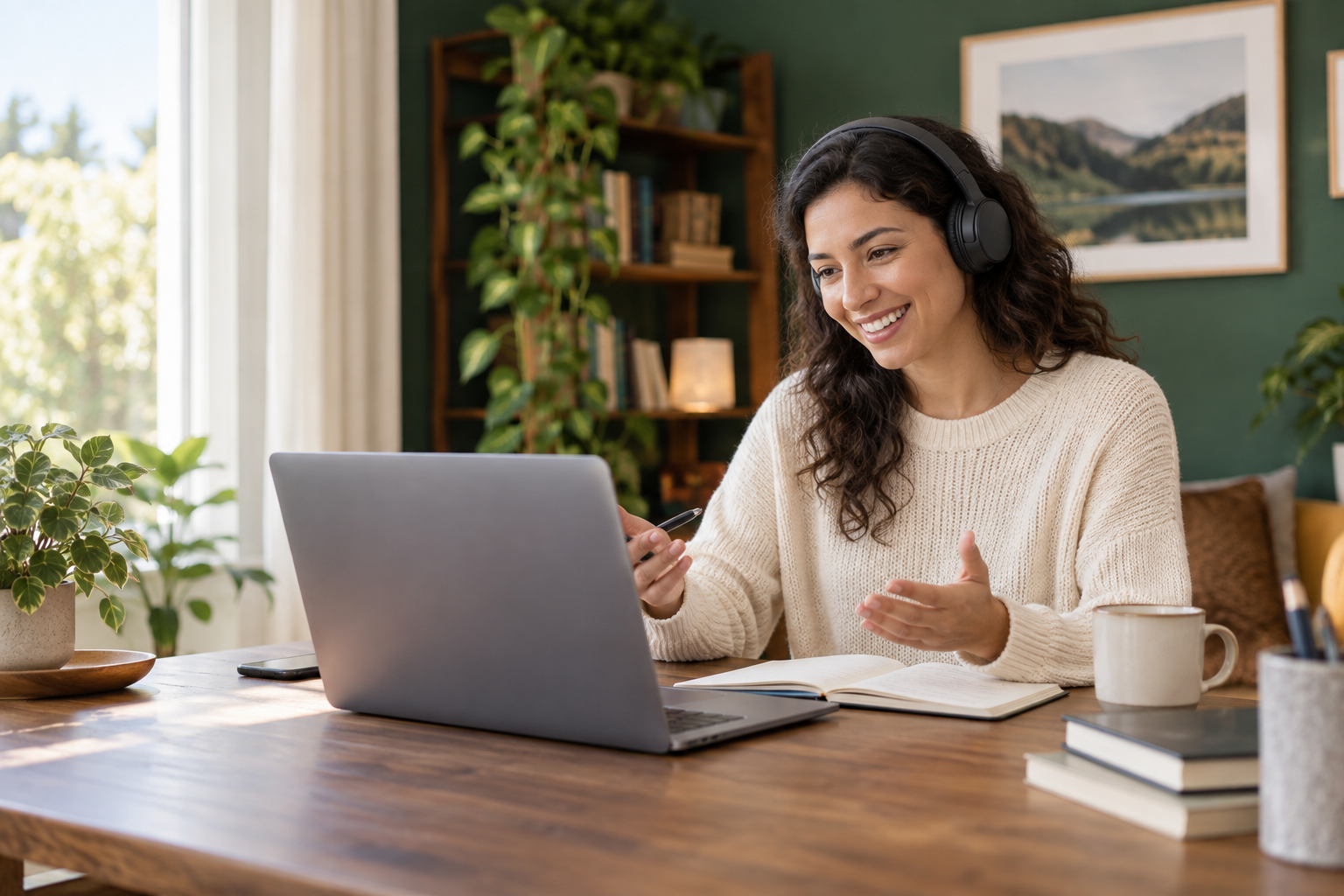 Learner speaking confidently during an online English session