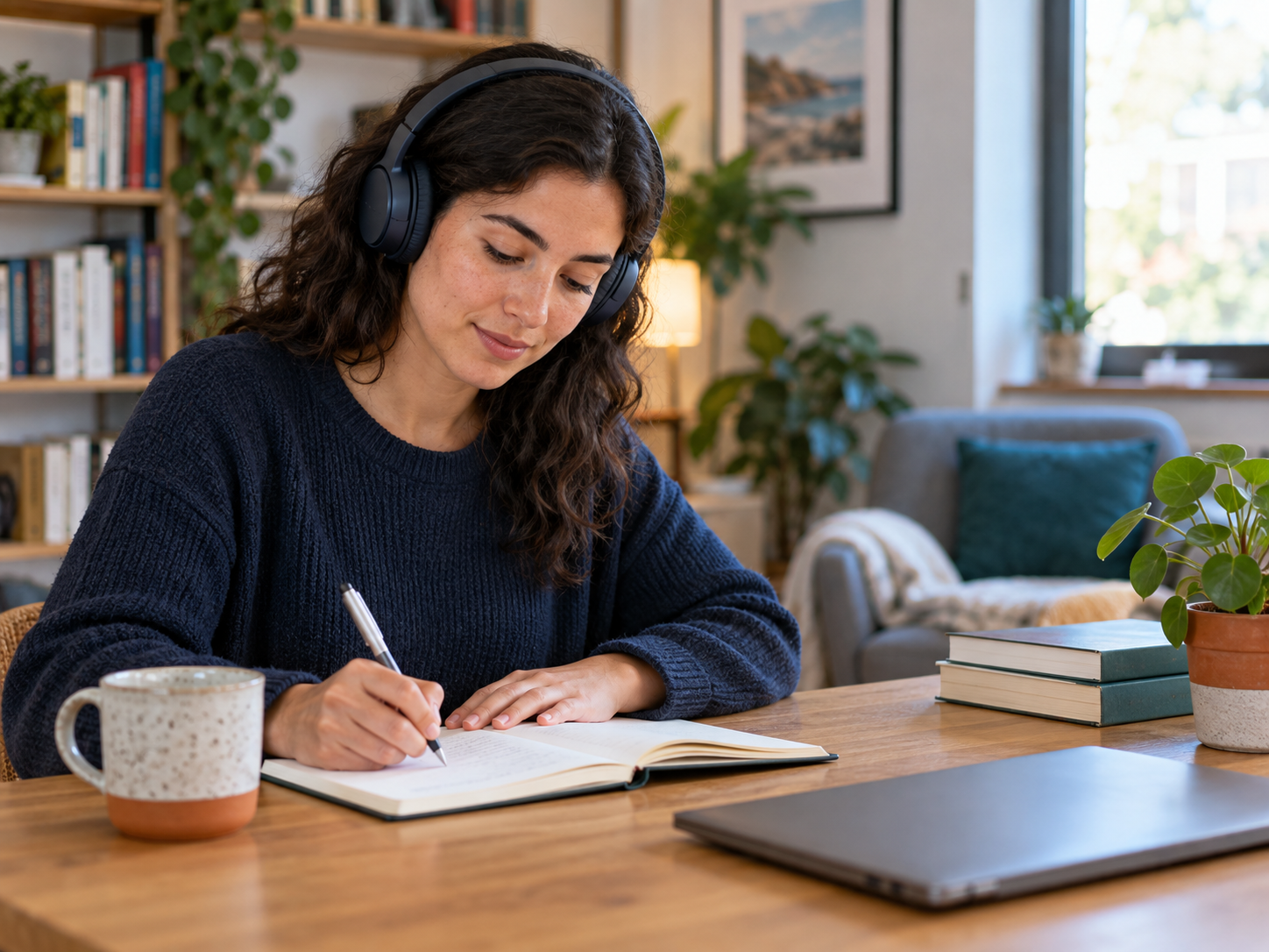 An adult learner practising English listening and writing at home
